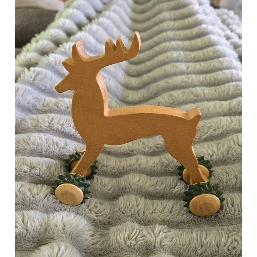 Vintage Chunky Pine Wooden Reindeer‎ Handheld Back Massager With Rolling Wheels